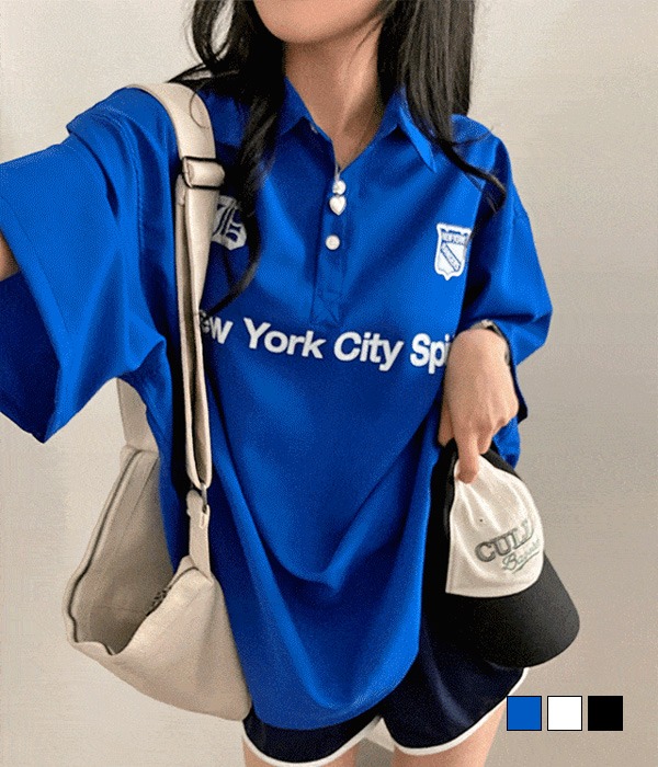 [무료배송] 뉴욕마크 y2k 레터링 카라 져지 버튼 루즈핏 반팔 티셔츠