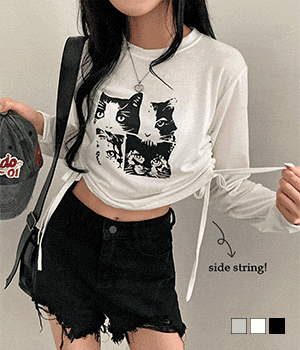 [당일출고/무료배송] 쉐도우캣츠, 스트링 크롭 셔링 긴팔 그래픽 티셔츠
