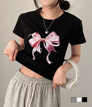[무료배송] 제니 핑크 리본 크롭 반팔 티셔츠